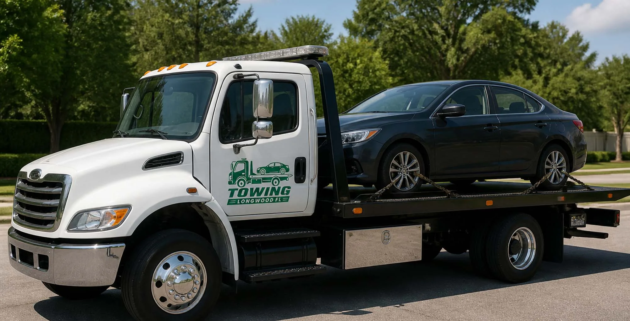 Flatbed tow truck carrying a car in Longwood, Florida, illustrating flatbed versus wheel-lift towing